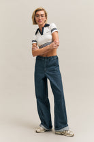 Navy Pinstripe Wide-Leg Denim Trousers – In Line – view 02