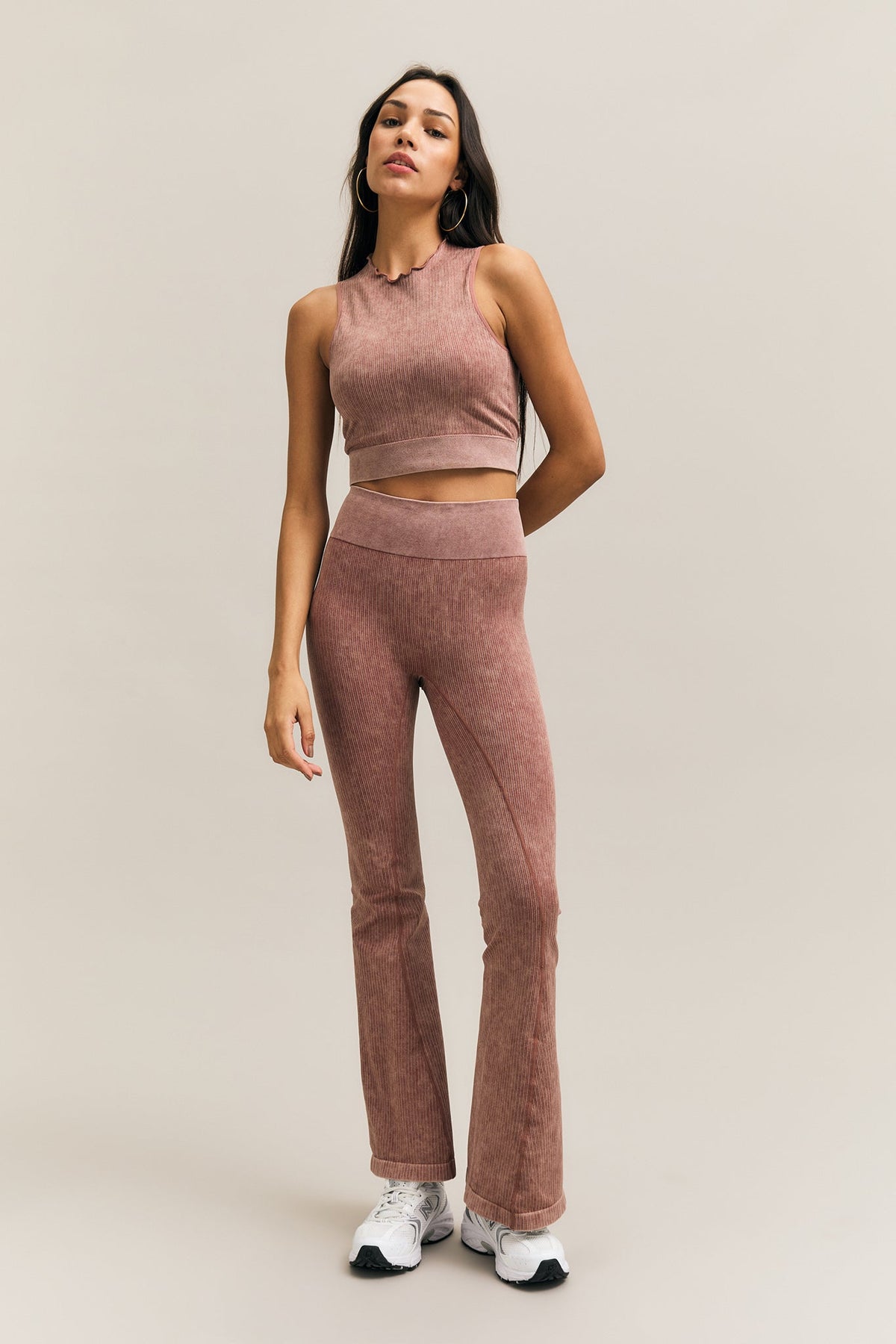 Dusty Rose Acid-Wash Ribbed Flare Leggings – Takeover – view 01