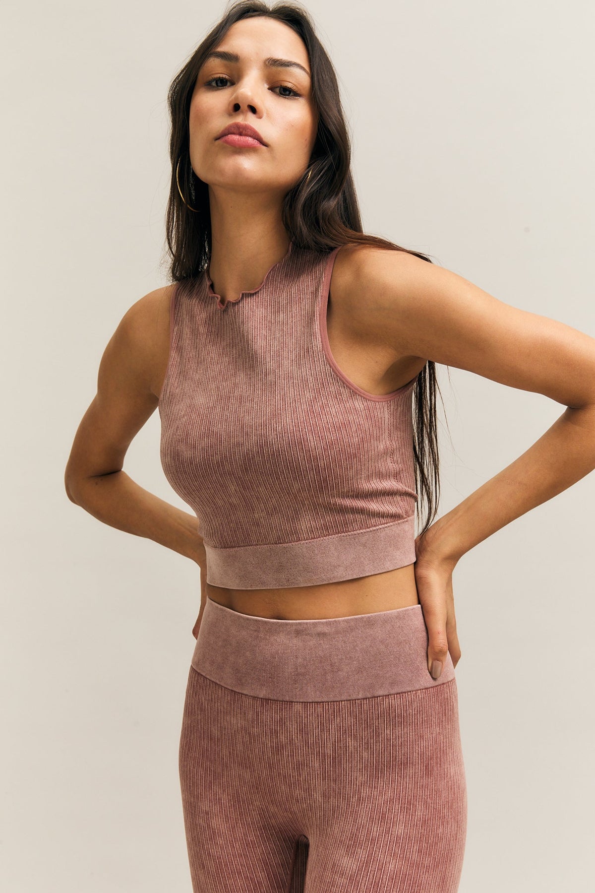 Dusty Rose Acid-Wash Ribbed Crop Top – Takeover – view 01