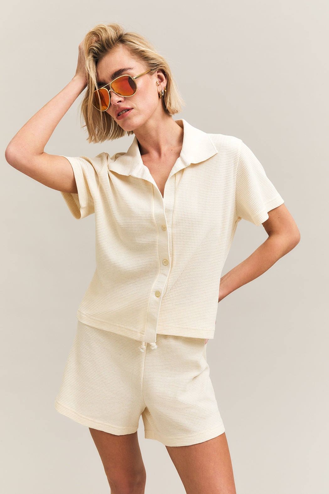 Beige Textured Waffle Short-Sleeve Shirt – Resort – view 02