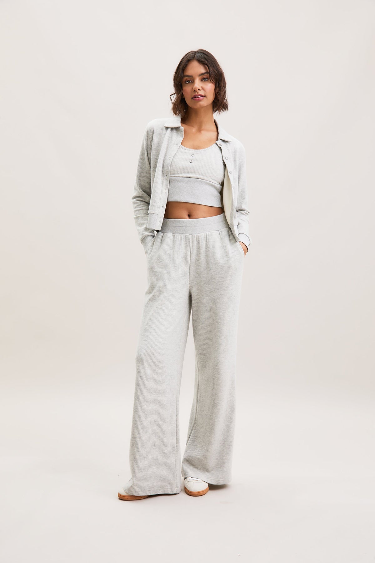 Stone Grey Pinstripe Wide-Leg Trousers – Terra – view 02