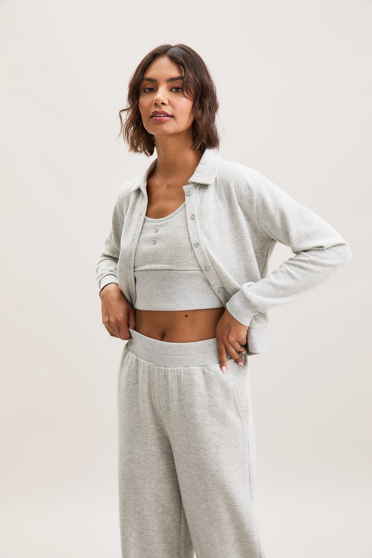 Stone Grey Pinstripe Cropped Cardigan – Terra – view 02