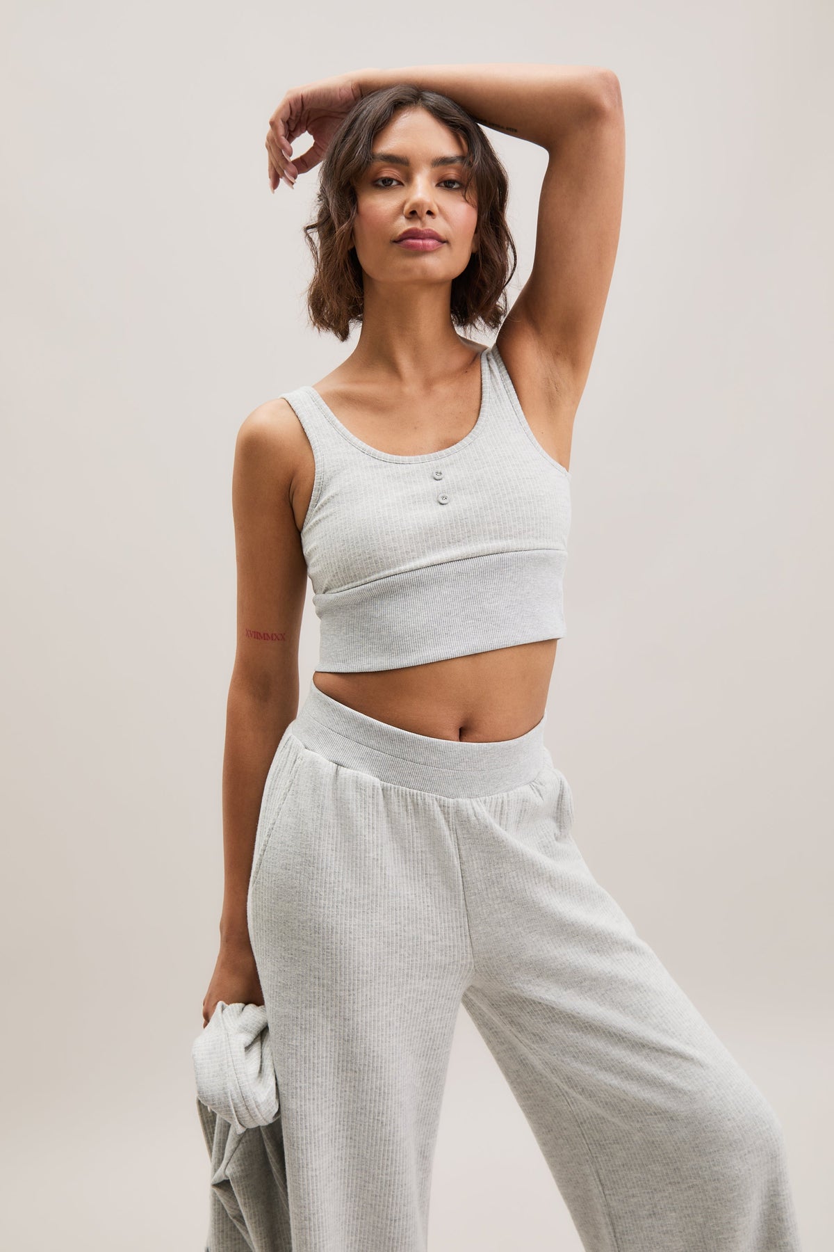 Stone Grey Pinstripe Button-Detail Crop Top – Terra – view 01