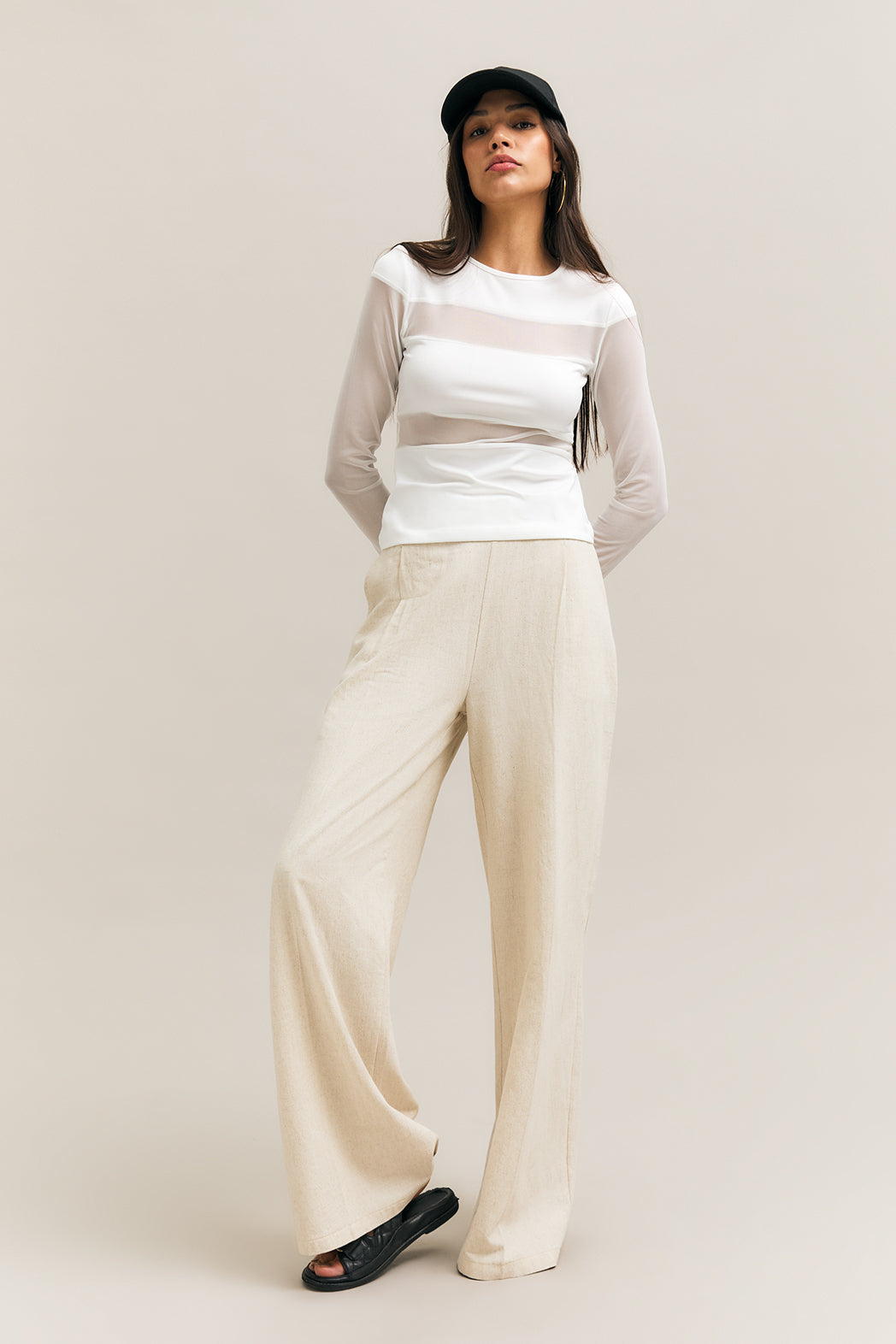 White Sheer-Panel Long-Sleeve Top – Veil – view 06