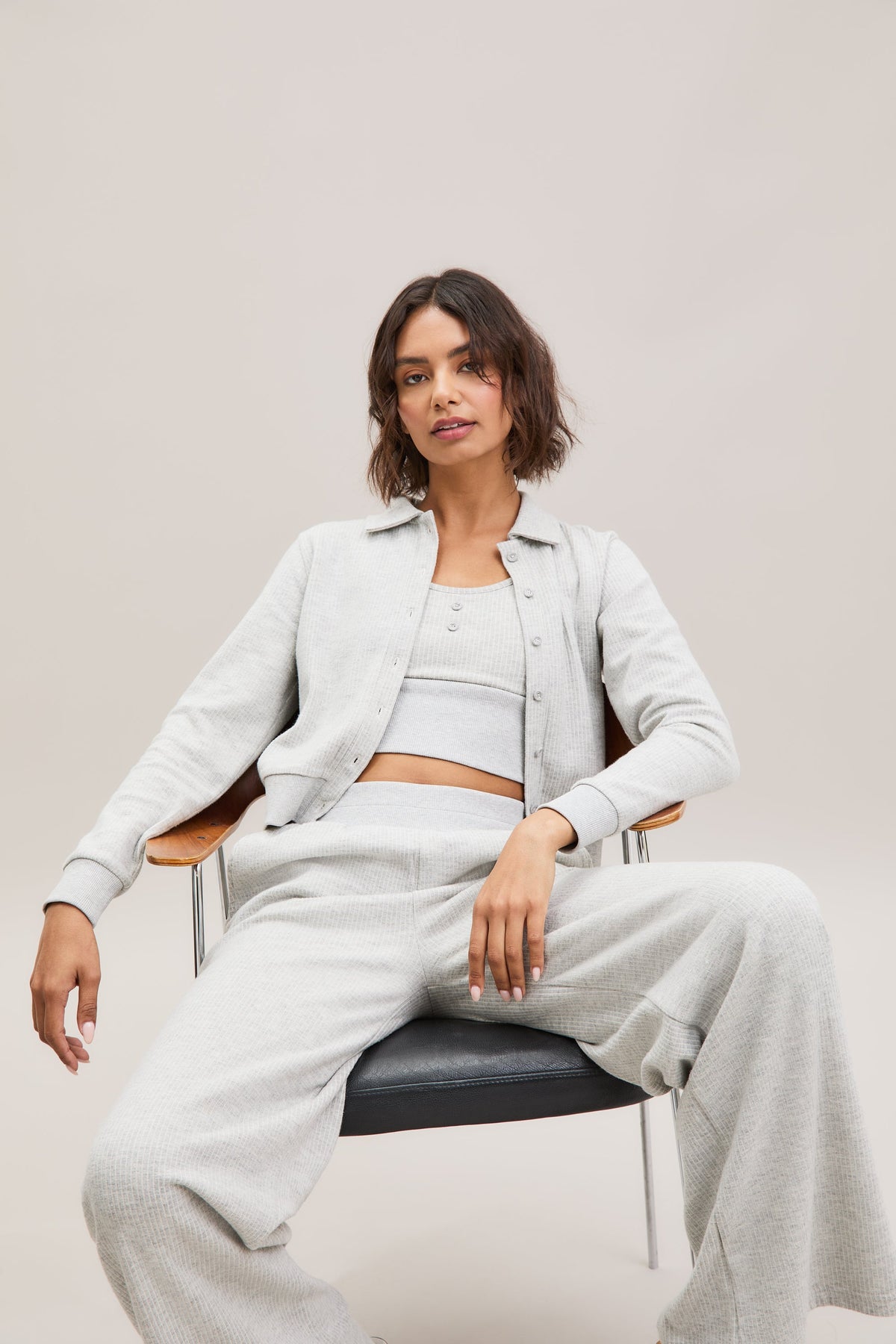 Stone Grey Pinstripe Cropped Cardigan – Terra – view 01
