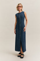 Navy Fitted Sleeveless Denim Dress – Pivot – view 02