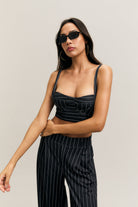Black Pinstripe Open-Back Sports Bra – Form – view 01