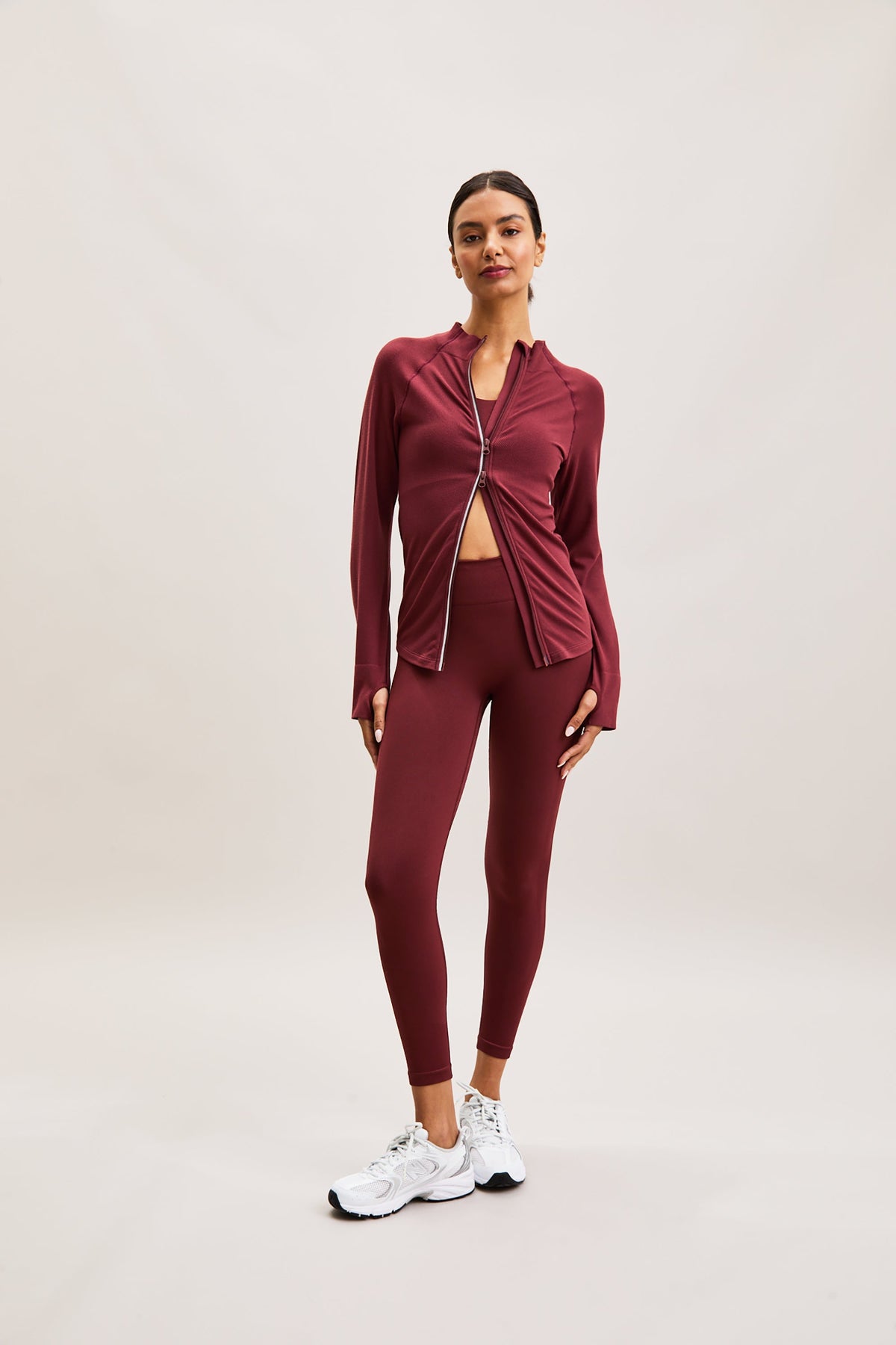 Burgundy Ruched Zip-Front Active Top – Sculpt – view 03