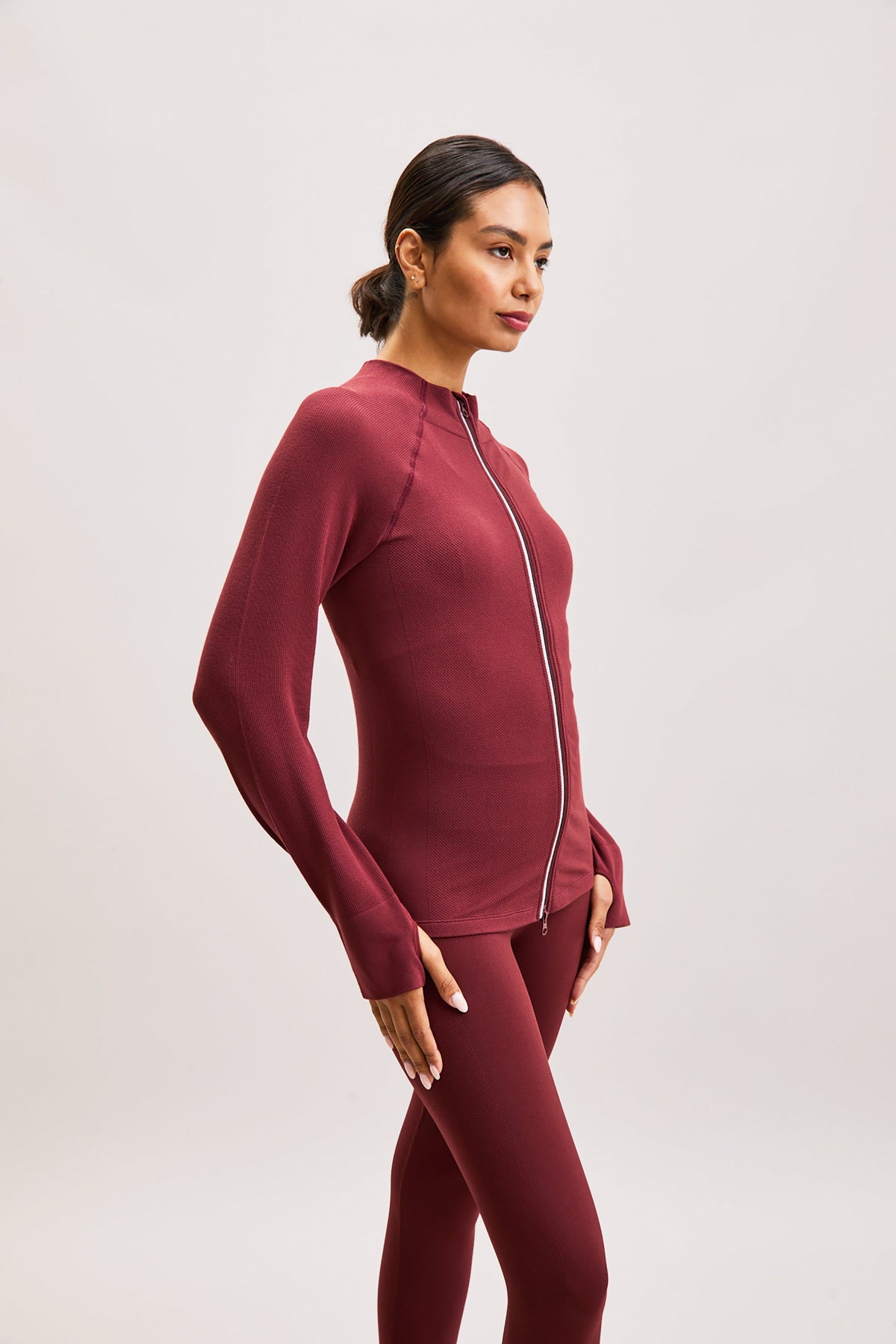 Burgundy Ruched Zip-Front Active Top – Sculpt – view 04