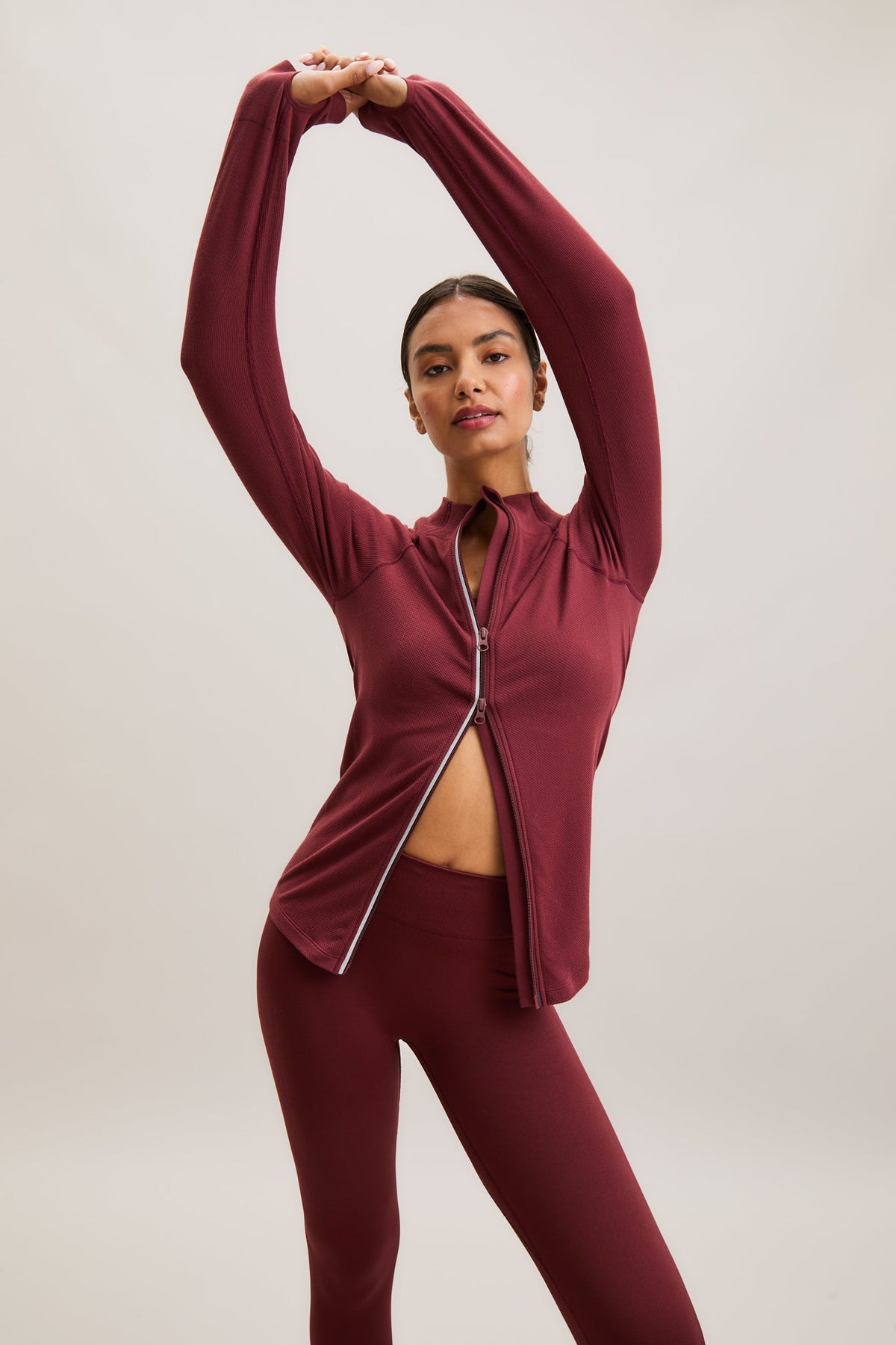Burgundy Ruched Zip-Front Active Top – Sculpt – view 01
