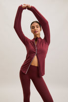 Burgundy Ruched Zip-Front Active Top – Sculpt – view 01