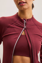 Burgundy Ruched Zip-Front Active Top – Sculpt – view 02