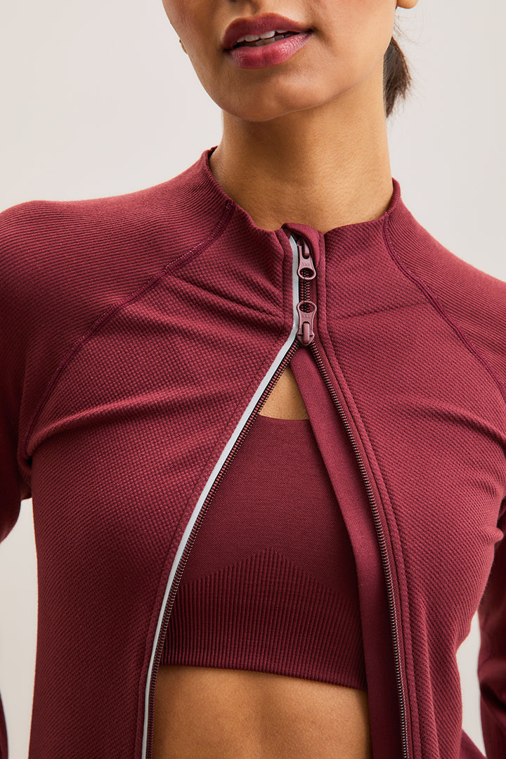 Burgundy Ruched Zip-Front Active Top – Sculpt – view 02