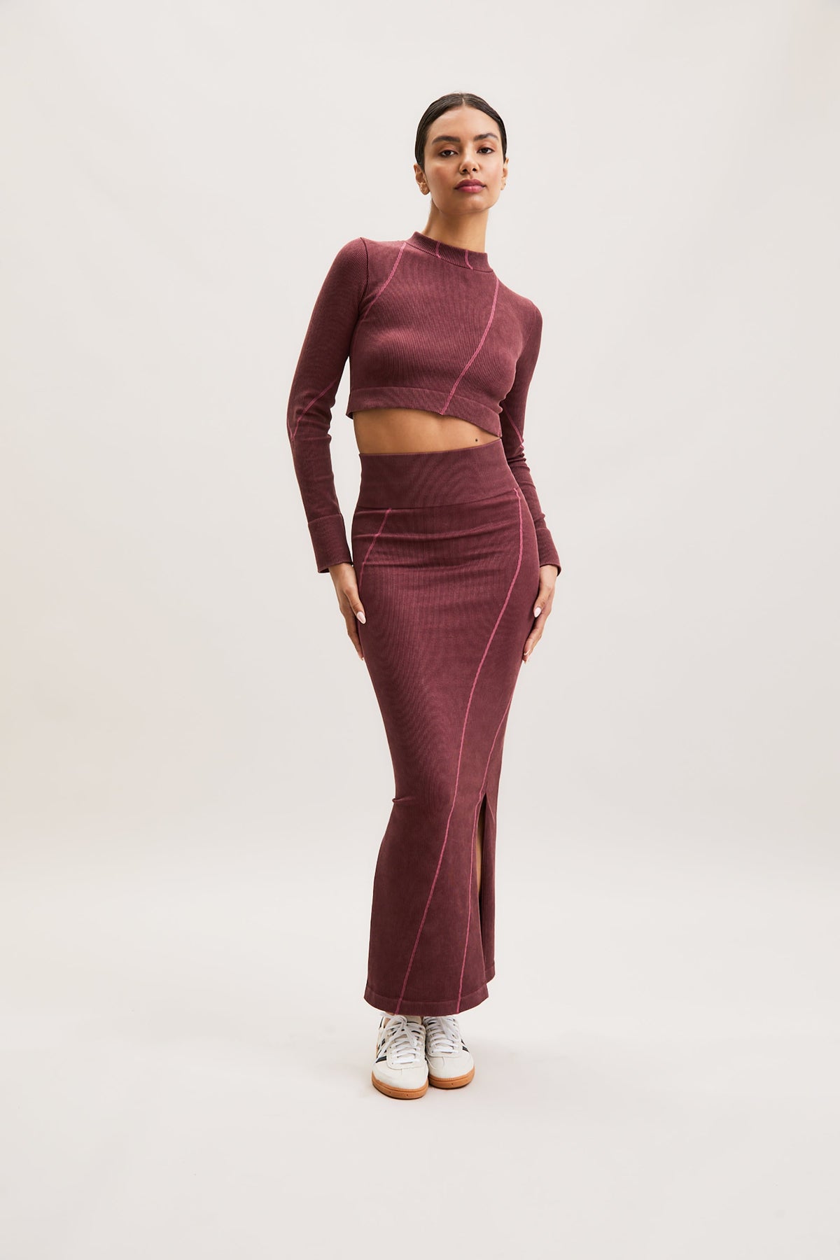Burgundy Ribbed Cutout Long-Sleeve Top – Flow – view 05