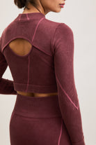 Burgundy Ribbed Cutout Long-Sleeve Top – Flow – view 03