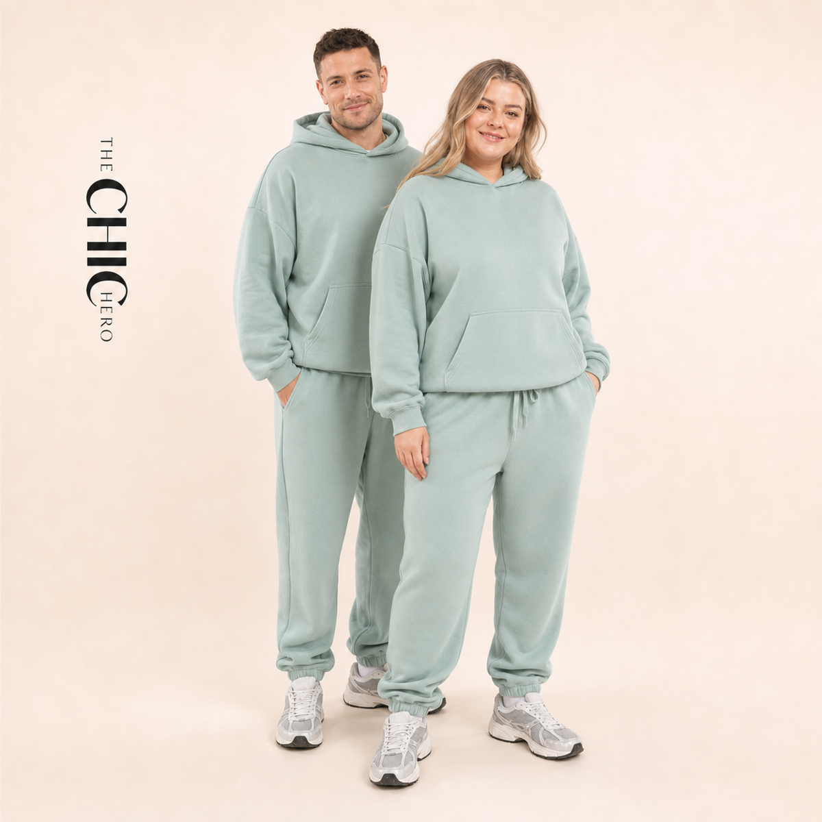 Male and female models wearing the ChicHero mint heavyweight hoodie and joggers