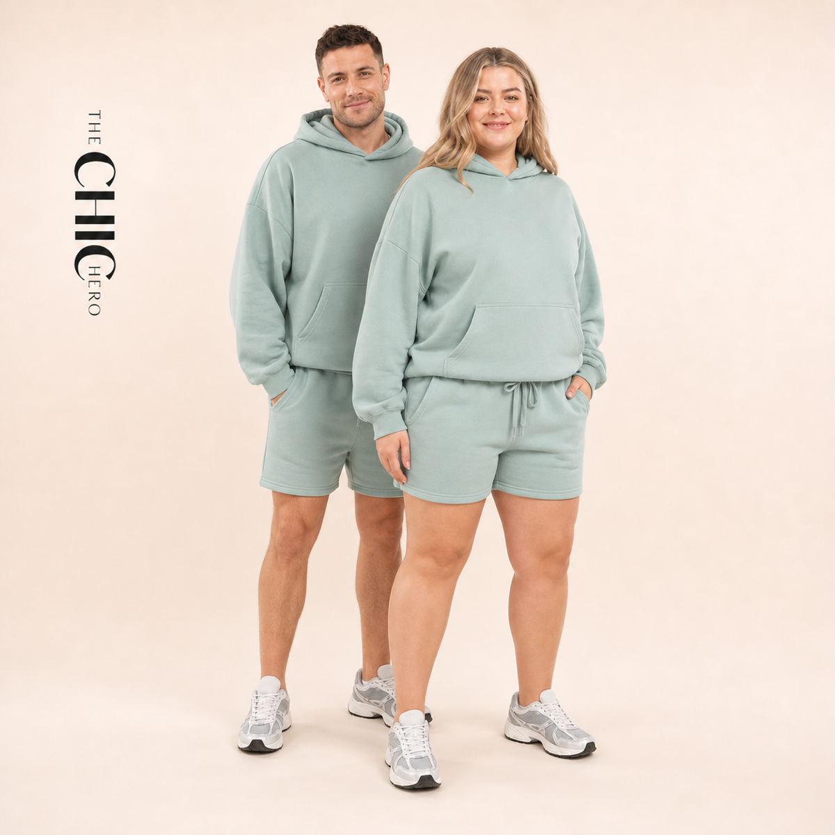 Male and female models wearing the ChicHero mint heavyweight hoodie and shorts