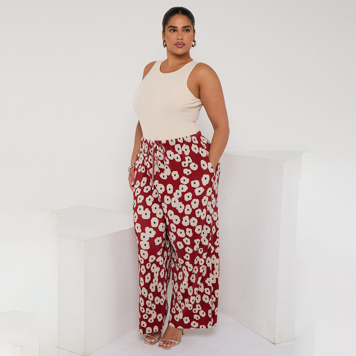 Red Abstract Palazzo Pants with Pockets | TheChichero