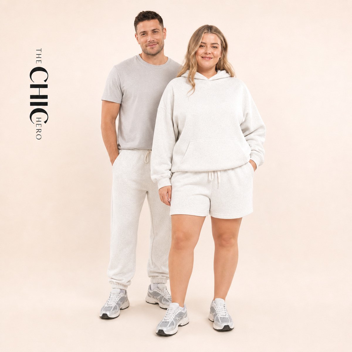 ChicHero white three-piece hoodie, joggers and shorts set on male and female models