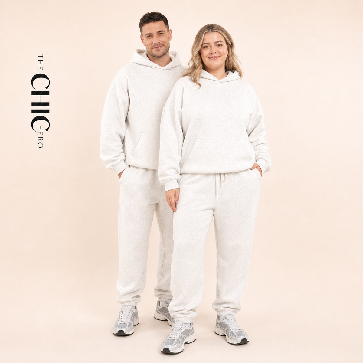 Male and female models wearing the ChicHero white heavyweight hoodie and joggers
