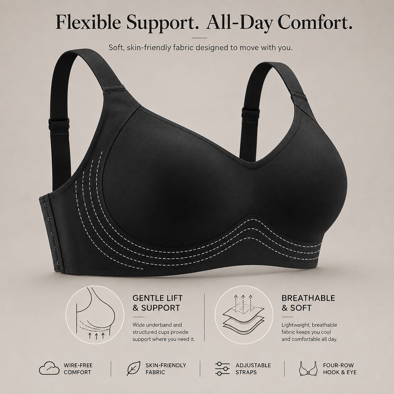 Black wireless bra with white contrast stitching, shown on a light beige background with marketing text and feature icons below.
