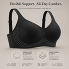 Black wireless bra with white contrast stitching, shown on a light beige background with marketing text and feature icons below.