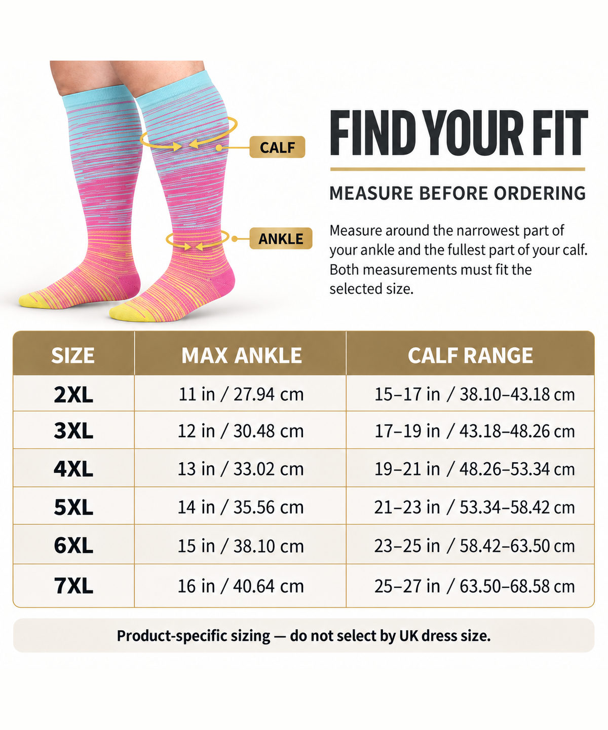 Blue & Pink Fine-Line Wide-Calf Graduated Compression Socks 15–24 mmHg – 2XL–7XL – size guide