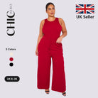 Woman wearing a red jumpsuit with 'Chic Hero' branding and UK seller flag on a light gray background.