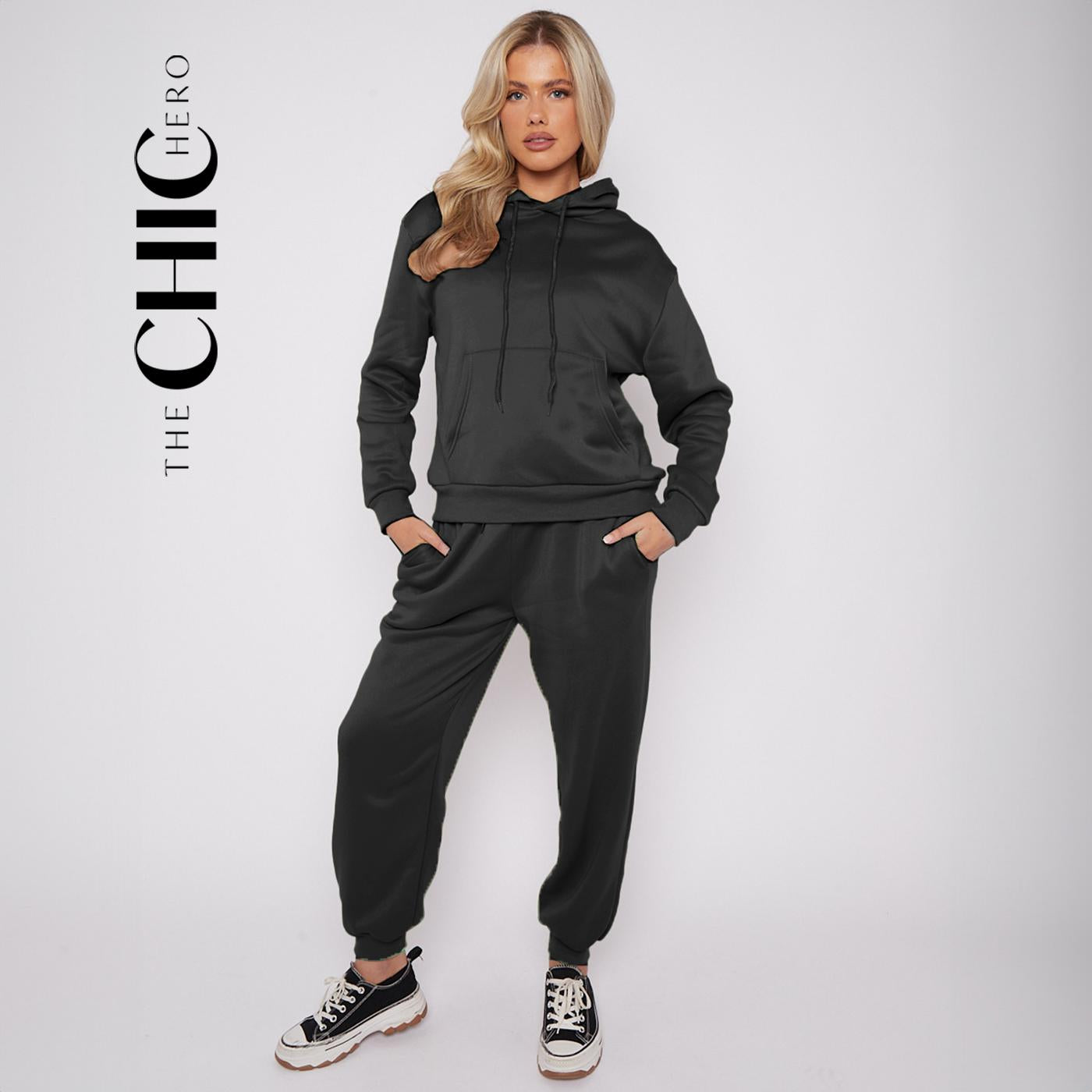 2pcs Oversized Drop Shoulder Drawstring Thermal Hoodie & Sweatpants Sets