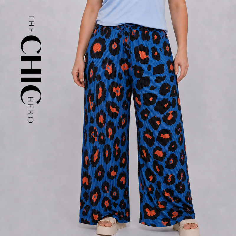 Blue Leopard Print Pleated Wide Leg Trousers with Drawstring Waist