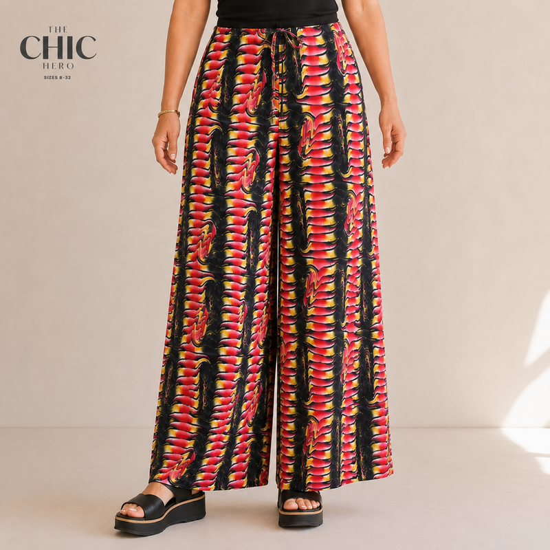 Abstract Wave Print Pleated Palazzo Pants with Drawstring Waist