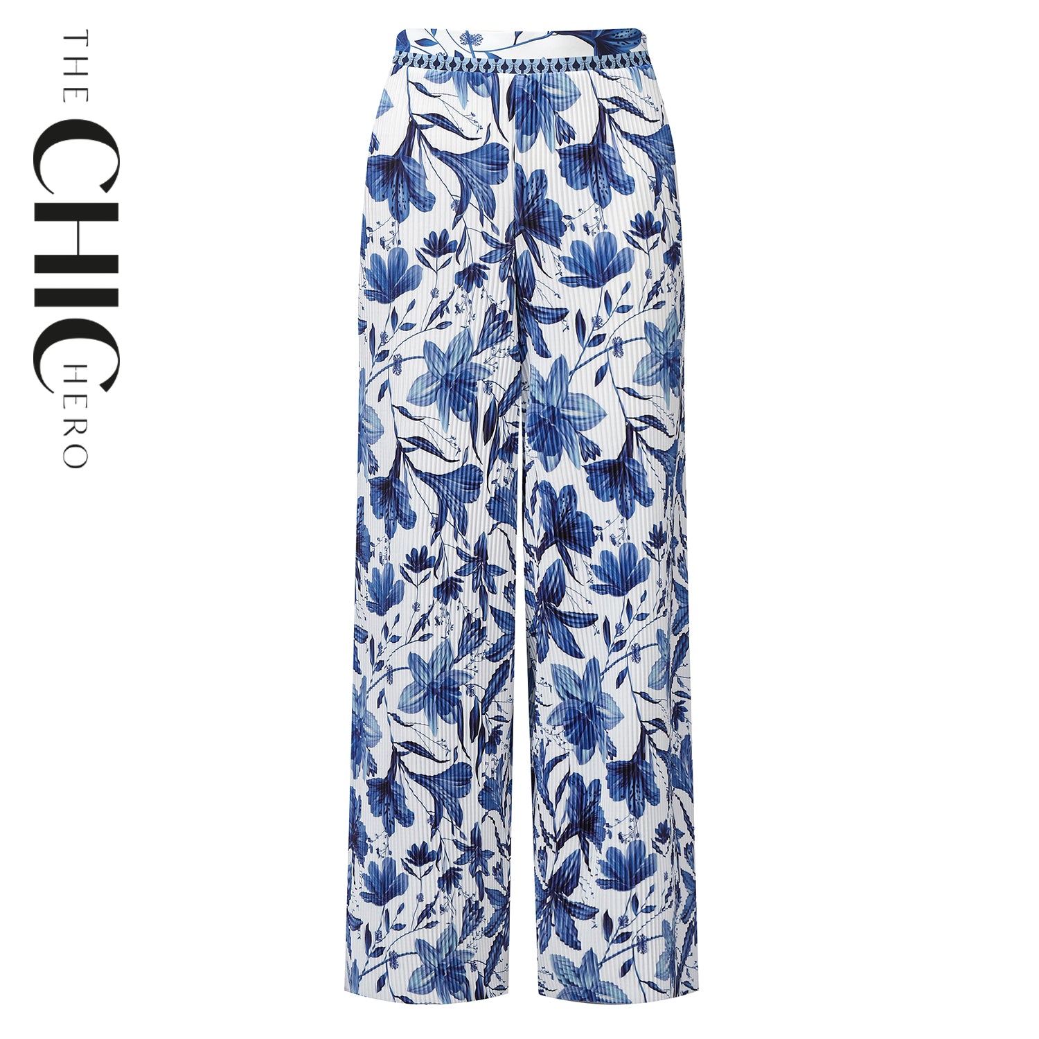 A pair of blue floral wide-leg palazzo pants with a smocked waistband.