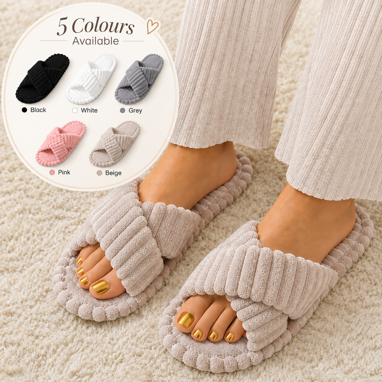Women's plush cross-band house slippers in beige