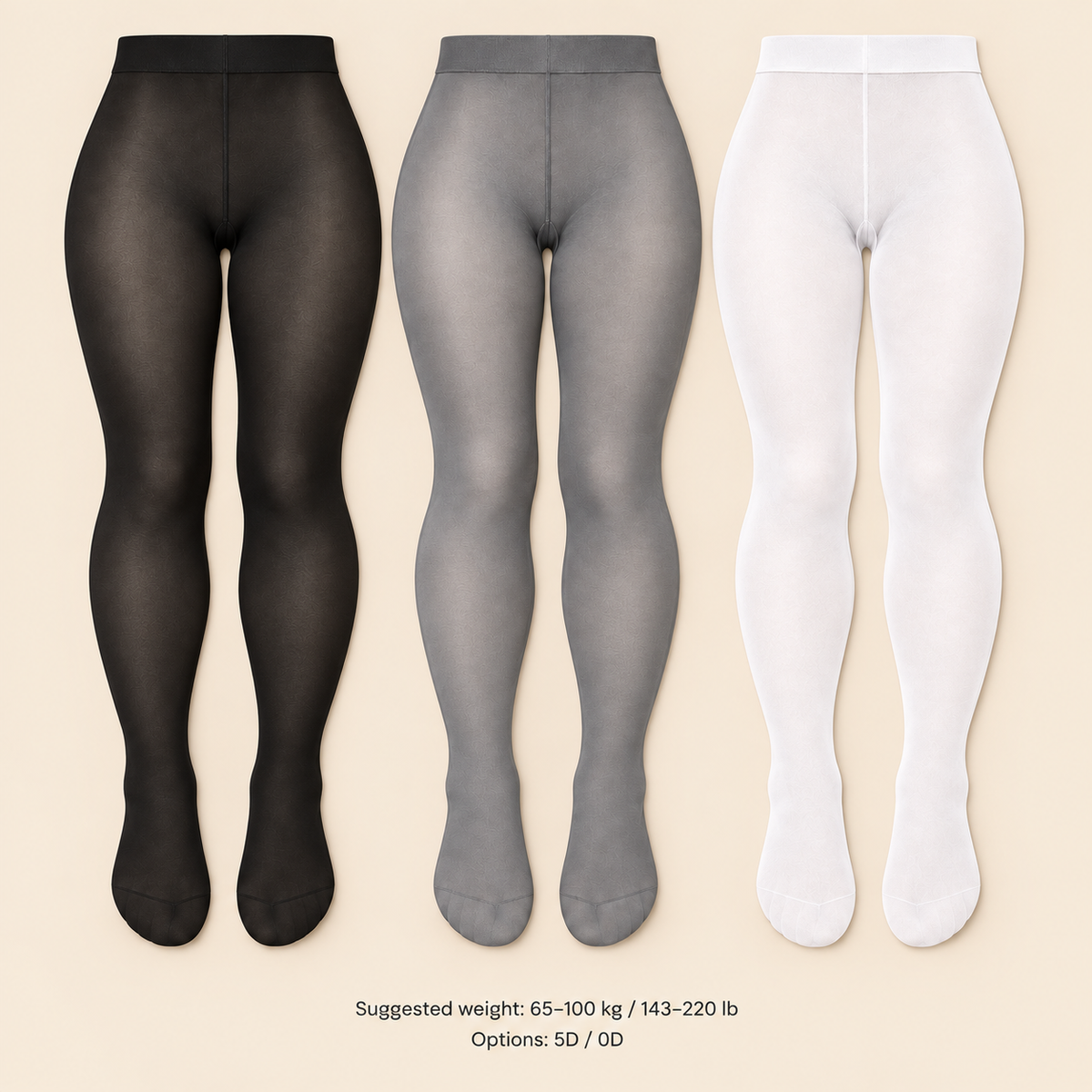 Three pairs of full-length tights shown on invisible mannequin legs against a light beige background: black on the left, gray in the center, and white on the right. Small text at the bottom reads 'Suggested weight: 65-100 kg / 143-220 lb' and 'Options: 50 / OD'.