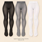 Three pairs of full-length tights shown on invisible mannequin legs against a light beige background: black on the left, gray in the center, and white on the right. Small text at the bottom reads 'Suggested weight: 65-100 kg / 143-220 lb' and 'Options: 50 / OD'.