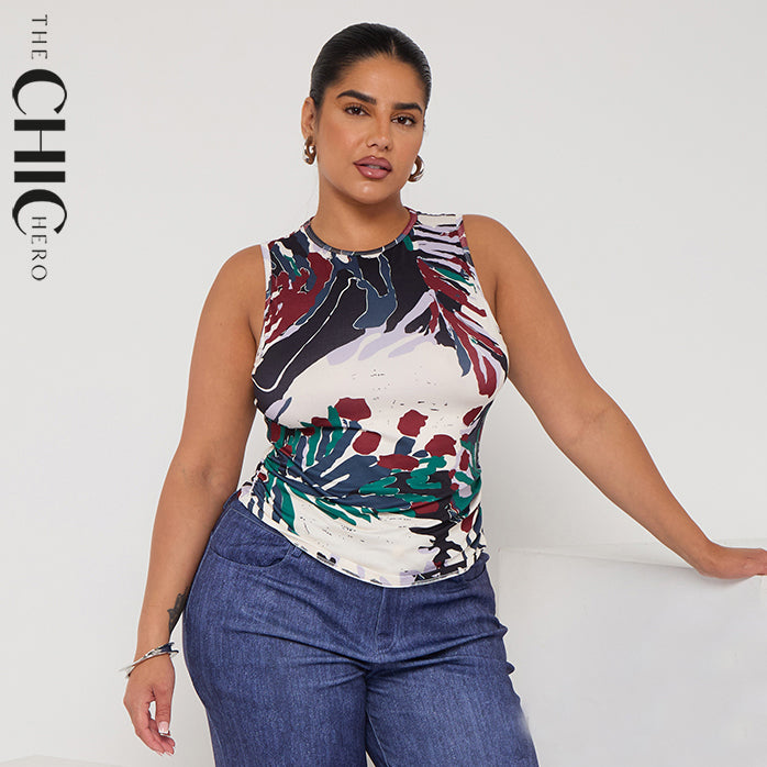 Abstract Floral Print Sleeveless Crew-Neck Top