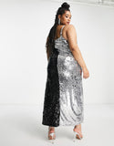 Plus Contrast Cami Maxi Dress In Silver And Black Sequin