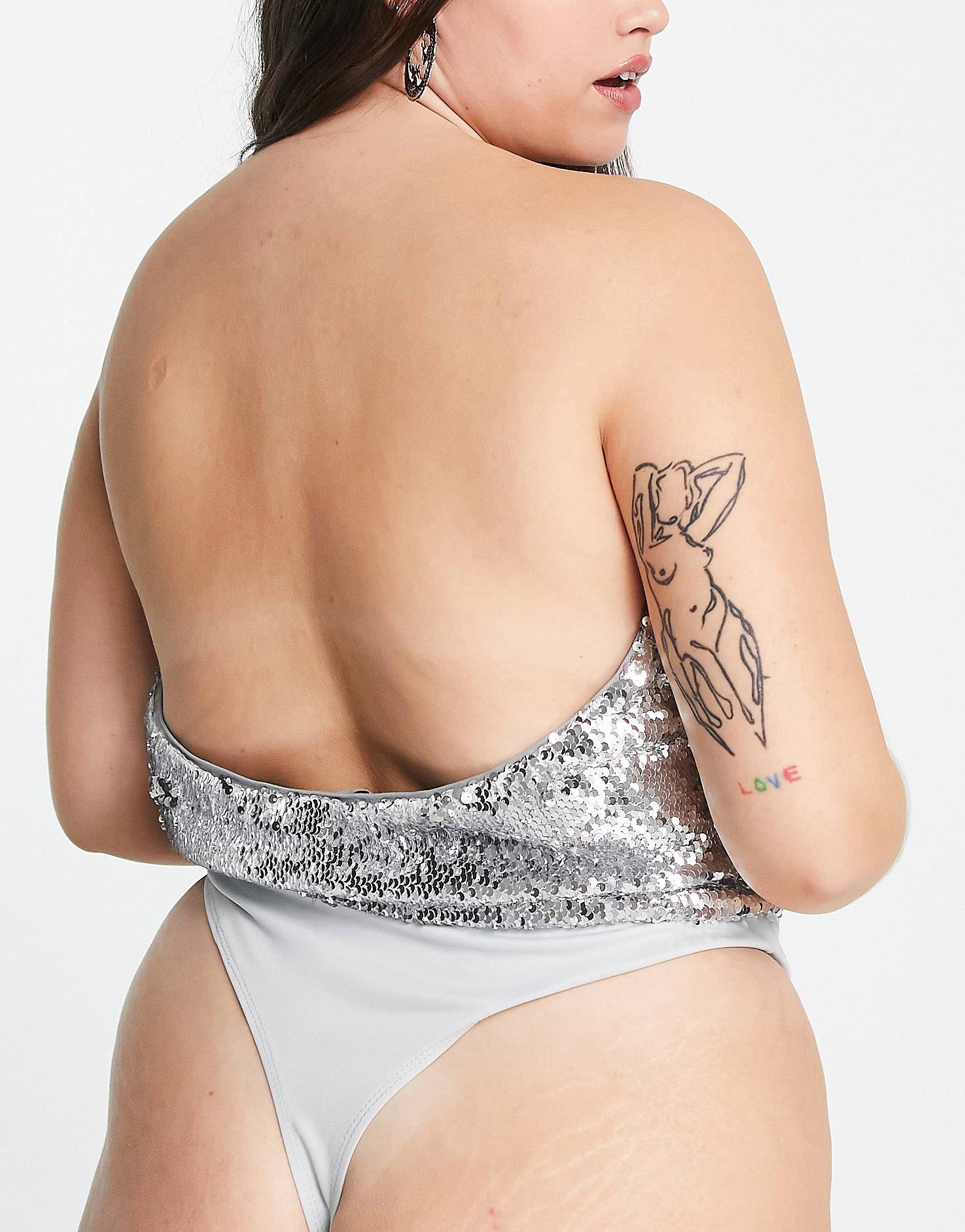 Plus Scoop Basque Body In Silver Sequin