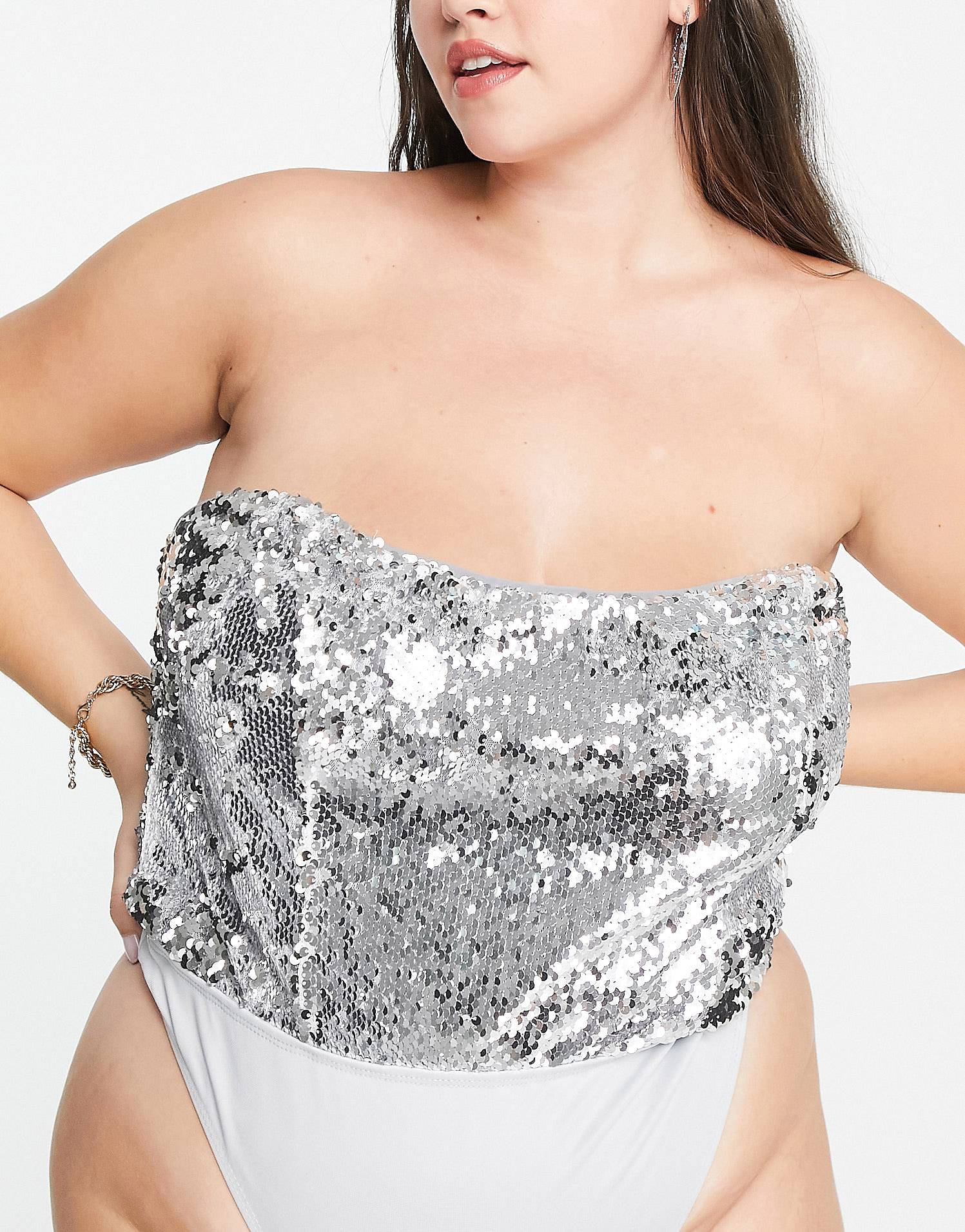 Plus Scoop Basque Body In Silver Sequin