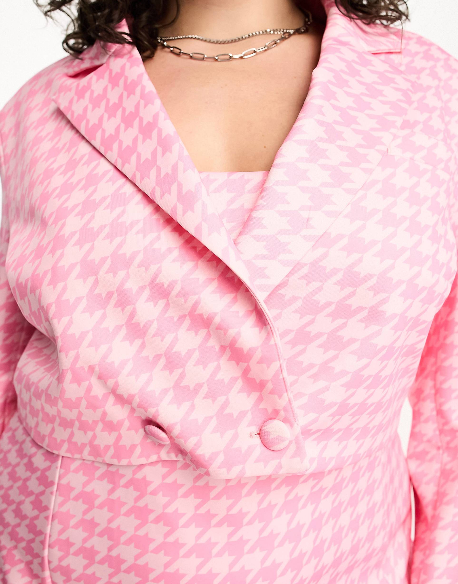 Plus Cropped Jacket In Tonal Pink Dogtooth Check Co-Ord